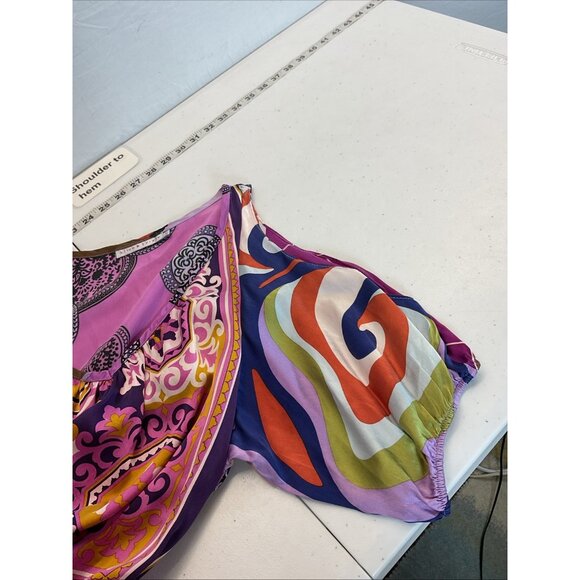 Alice &‎ Trixie Silk colorful 70's Blouse Top 3/4 Sleeve Size L cold shoulder - Picture 9 of 10